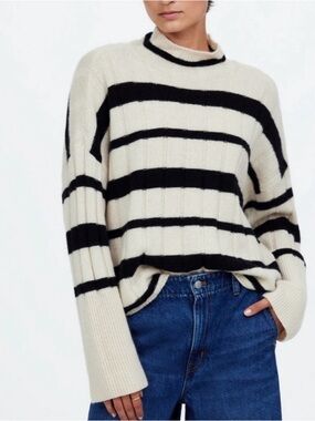 Madewell Cream and Black Striped Turtleneck Sweater ribbed cashmere